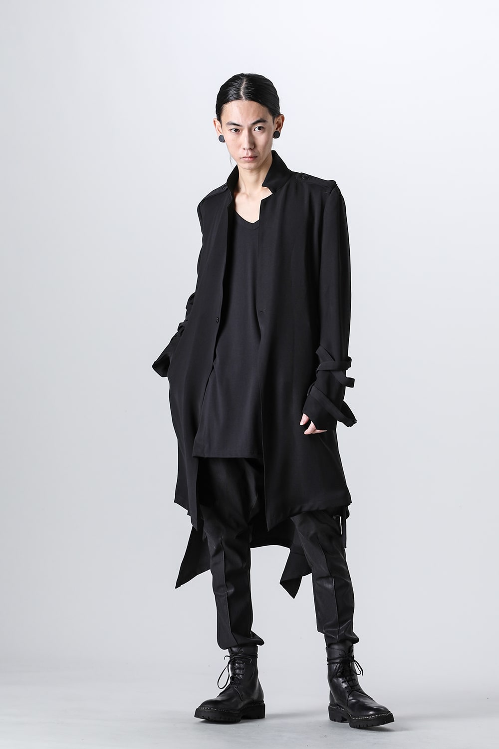 Wサテン スエード ベルト ロングジャケット