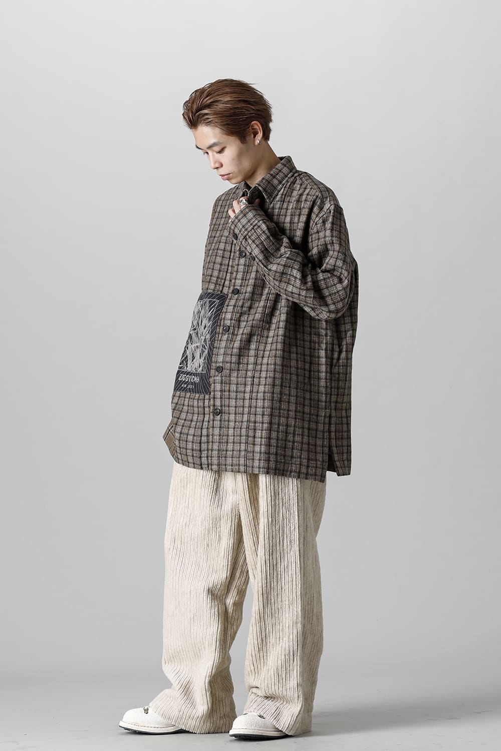 Oversized Plaid Worker Shirt Jacket With Patchwork