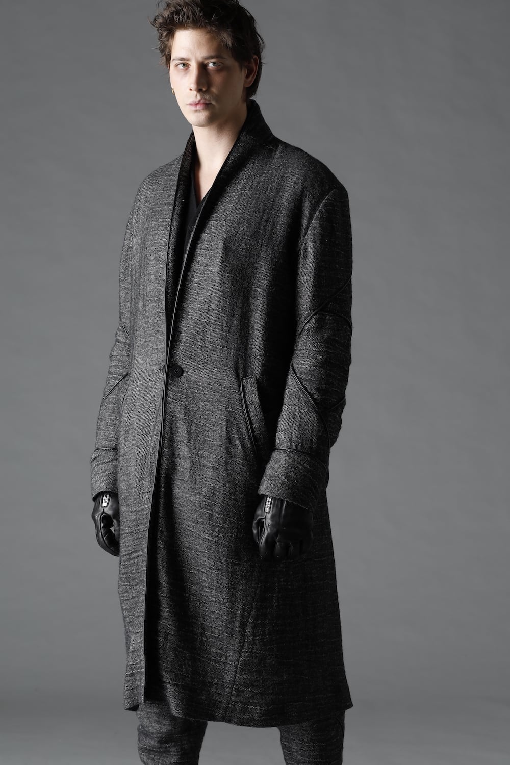 リネン×ラミー×ウールワッシャーロングガウンコート ブラック