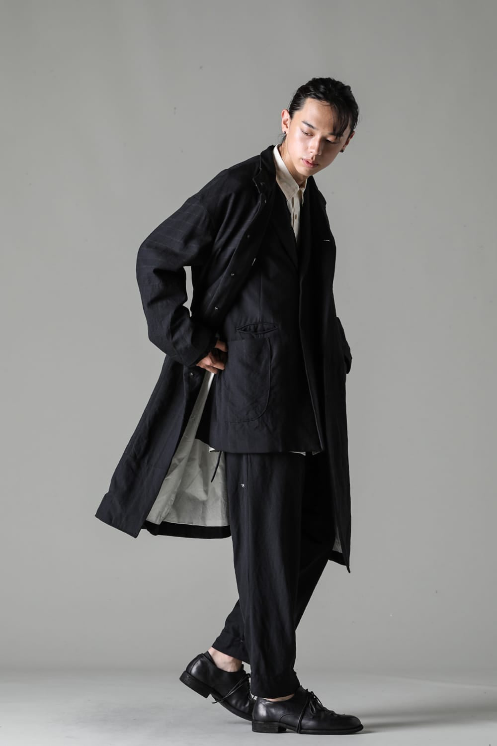 Patch Worked Relax Fit Coat Stripe Serge Wool FIGS