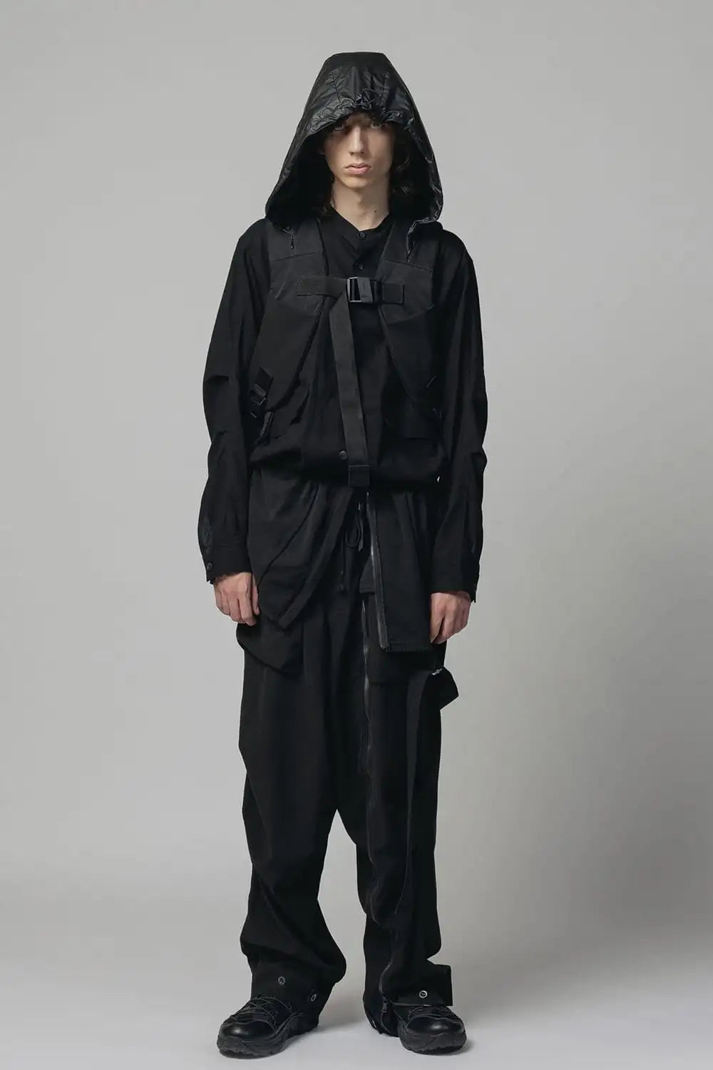 Cotton/Linen Band Collar Shirt Black