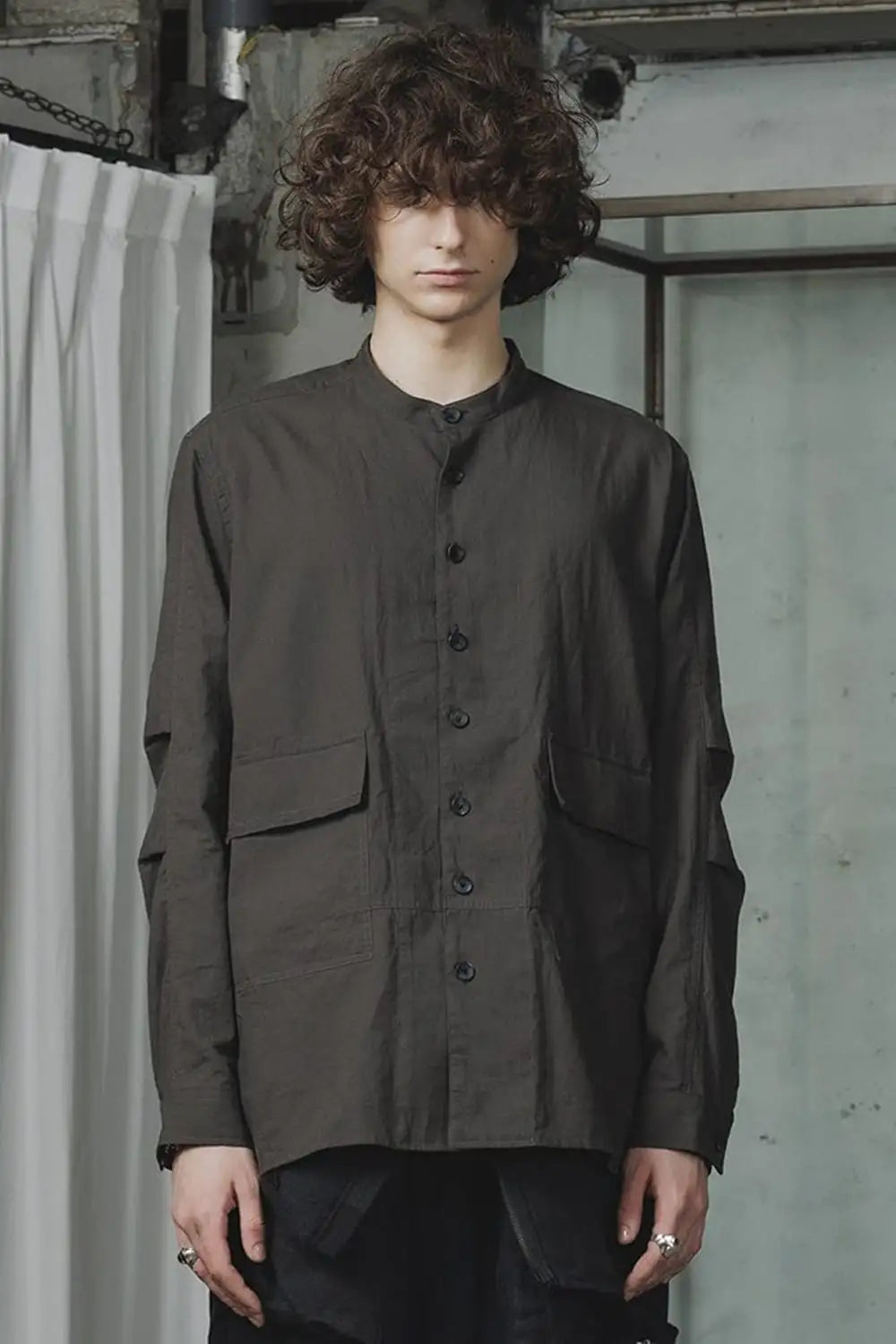 Cotton/Linen Band Collar Shirt Olive Drab