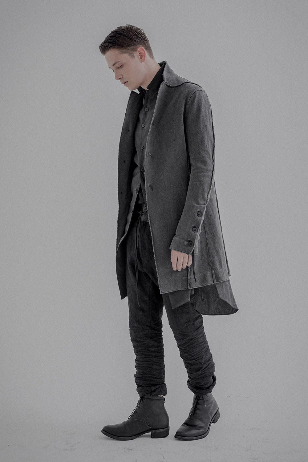 Rough leather × linen drop-crotch slim pants - ST107-0029S