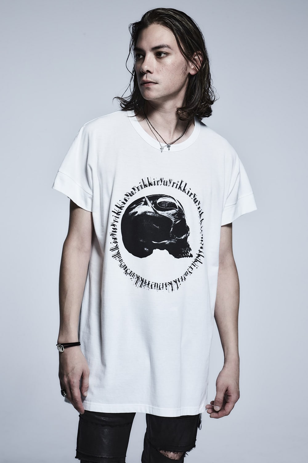 ドロップ ショルダー Tシャツ(スカルプリント) White