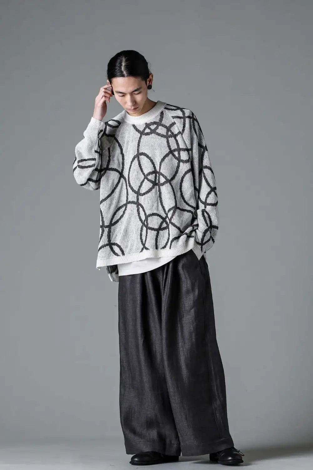 WIDE PANTS Linen Herringbone BLACK×DK GREY