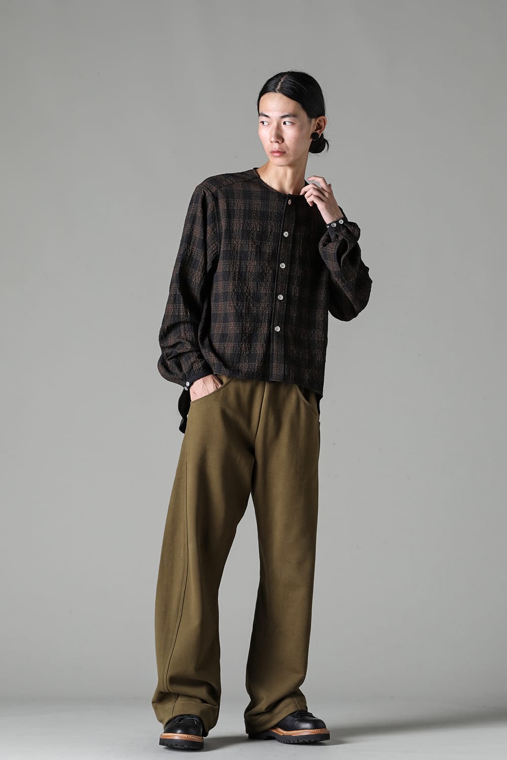 No Collar Shirt Wool Check