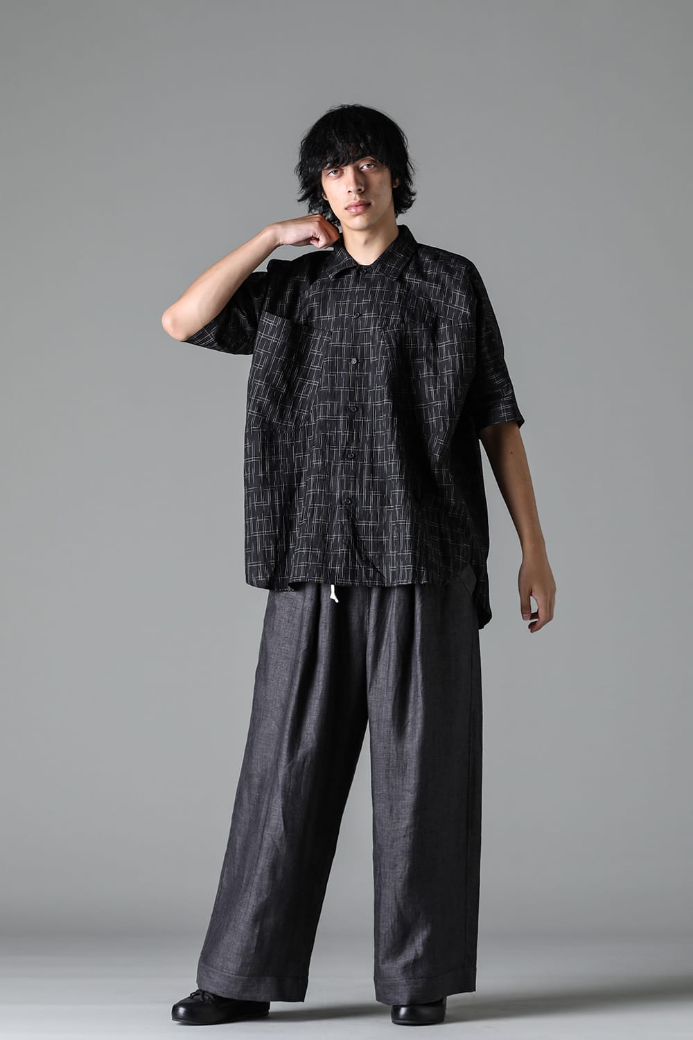 SHORT SLEEVE SHIRT Fine Kasuri Shirting BLACK