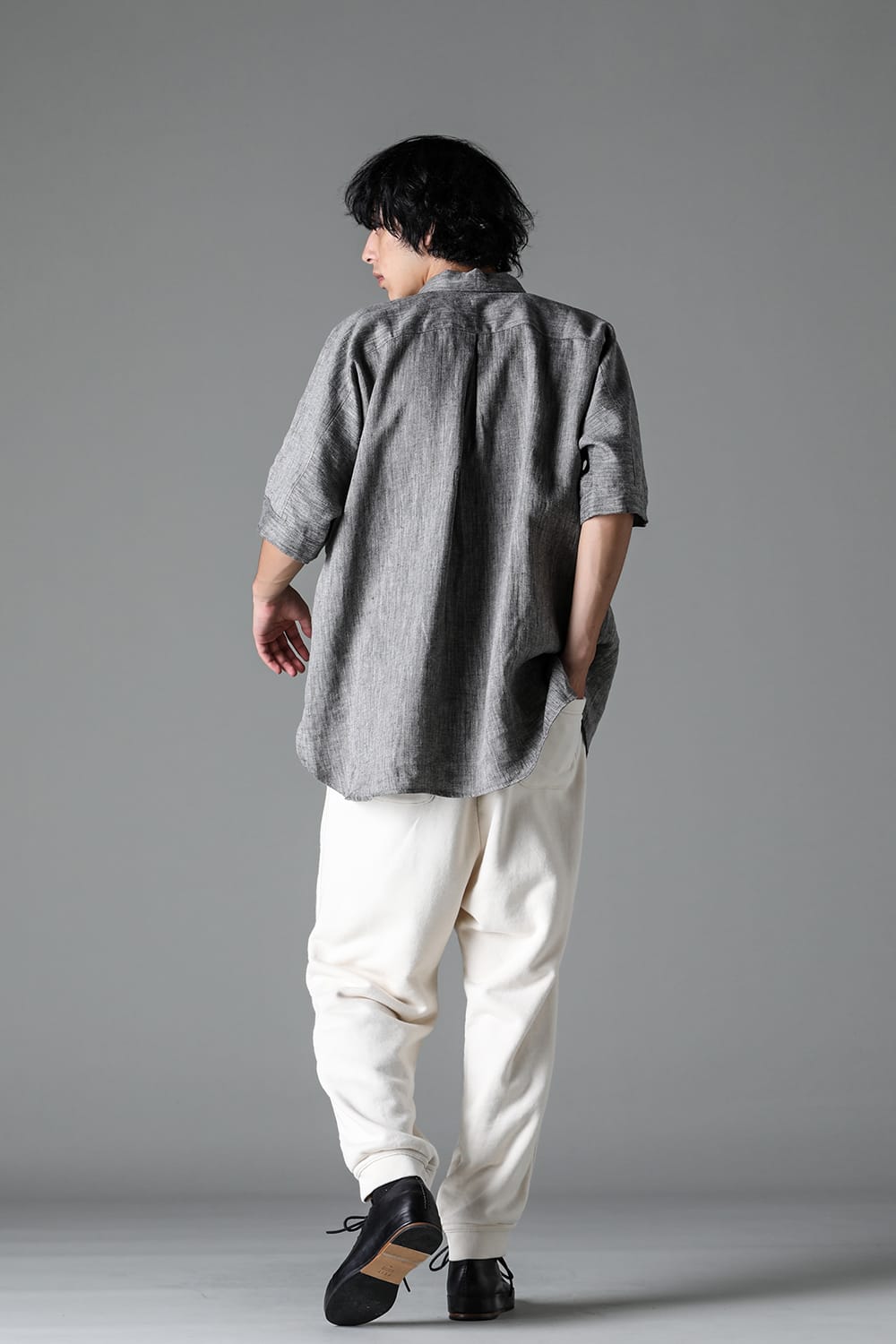 SHORT SLEEVE SHIRT Linen Herringbone WHITE×BLACK