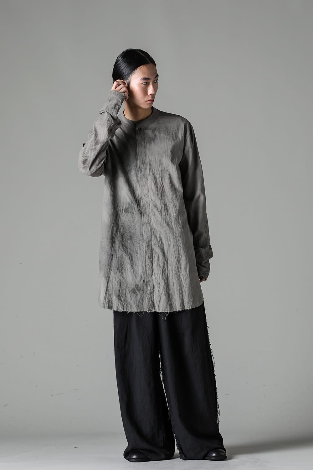 マンダリンカラー ハンドダイパッチワークシャツ