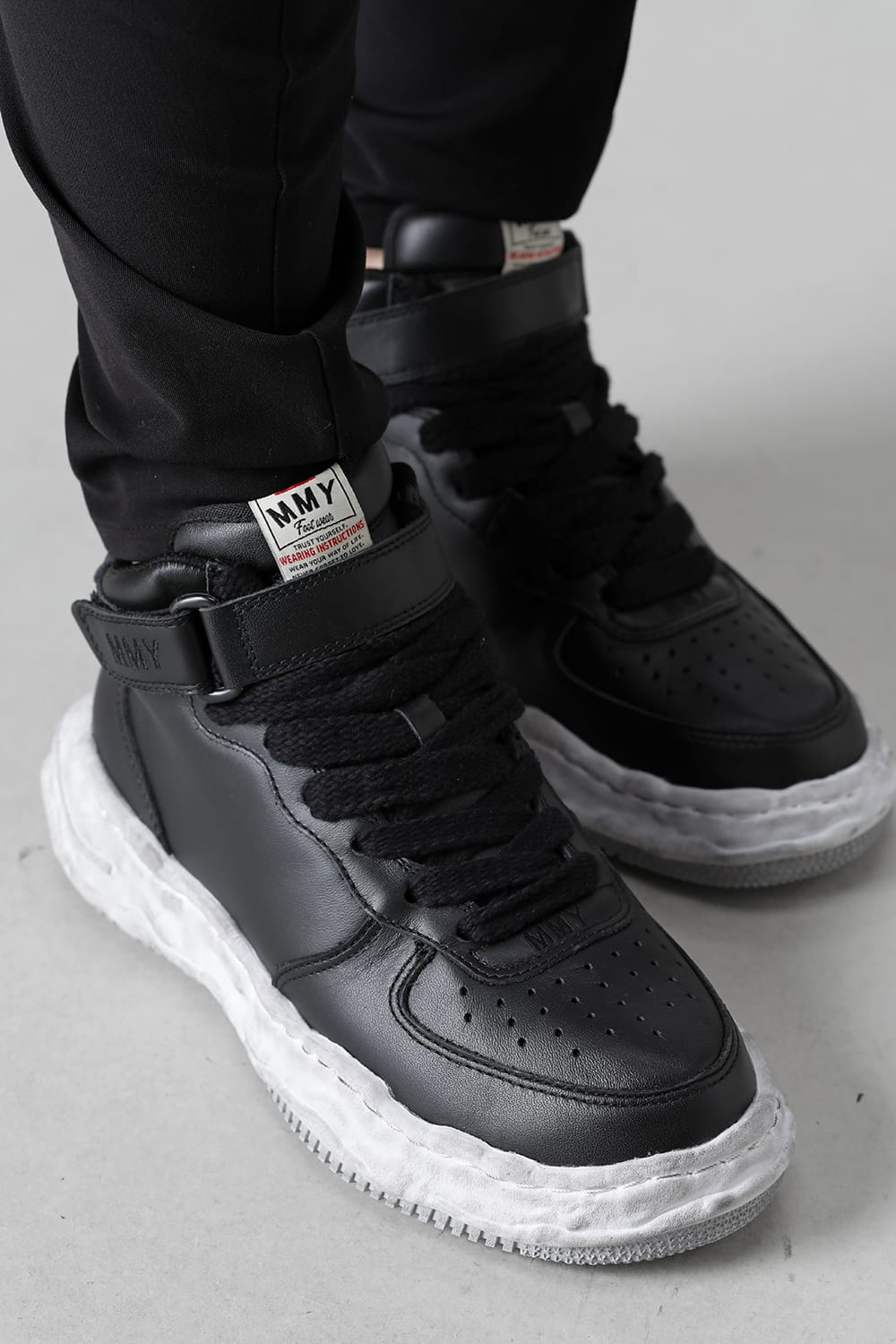 -ウェイン ハイ- オリジナルソール 汚し加工 レザー ハイトップ スニーカー Black