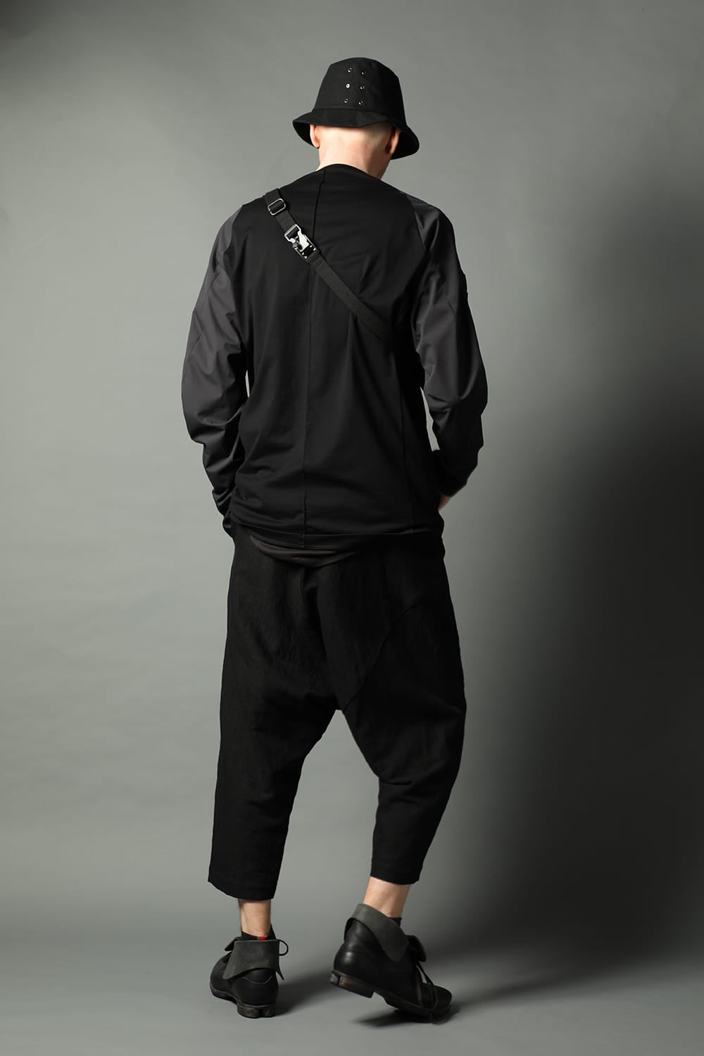 Drop crotch cropped pants cotton ramie shrink