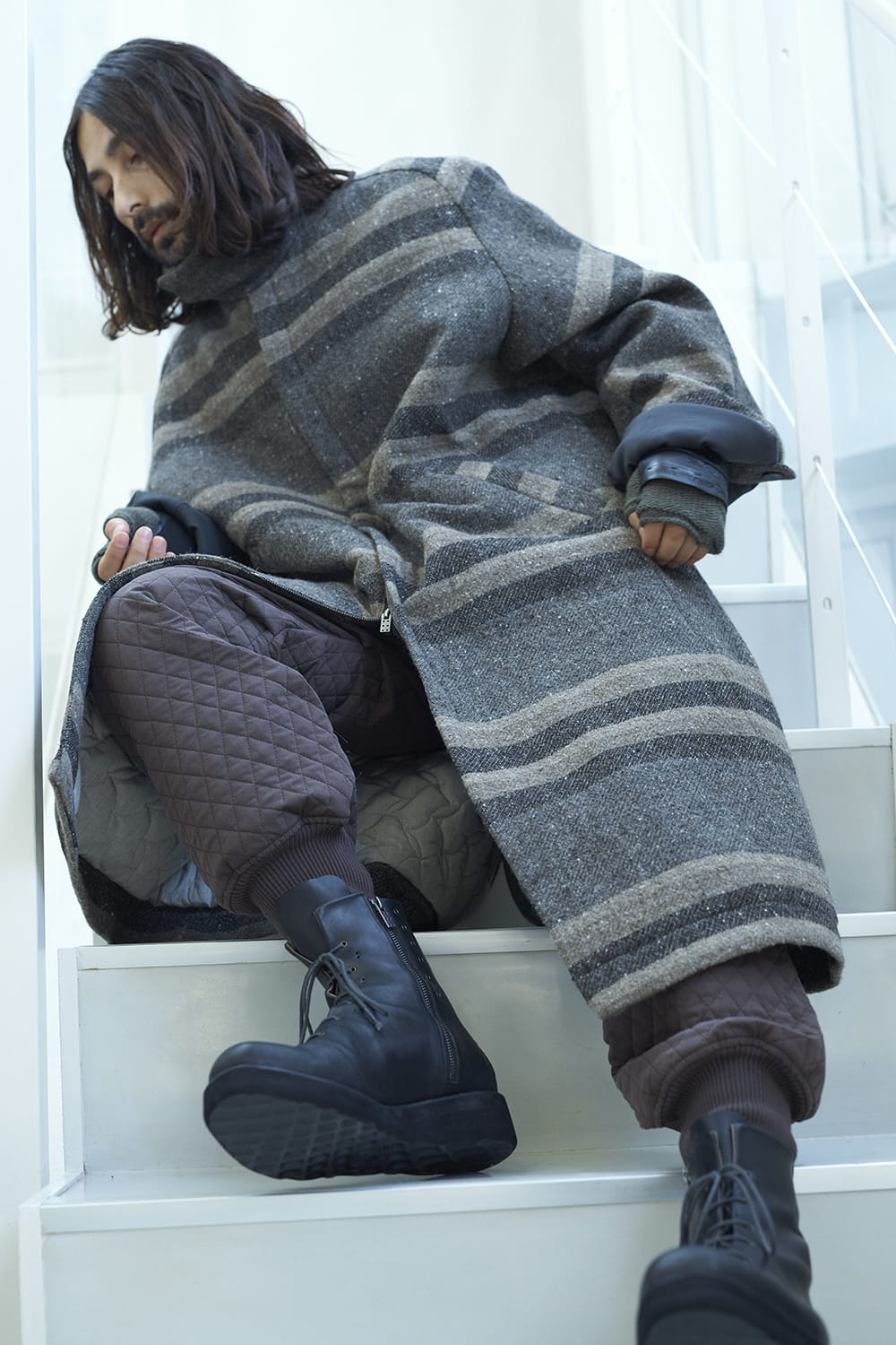 ハイネック コート ストライプ ウール