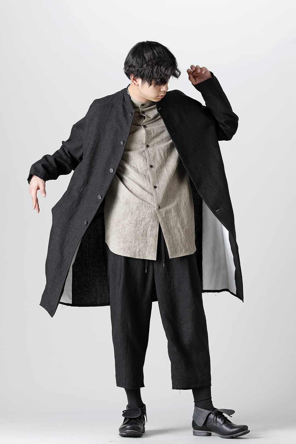 Coat silk linen crazy check Black