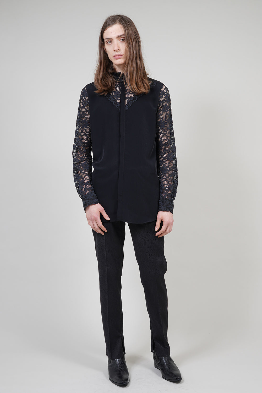 Shiny Owner Jaggard Fastener Slit Pants Black