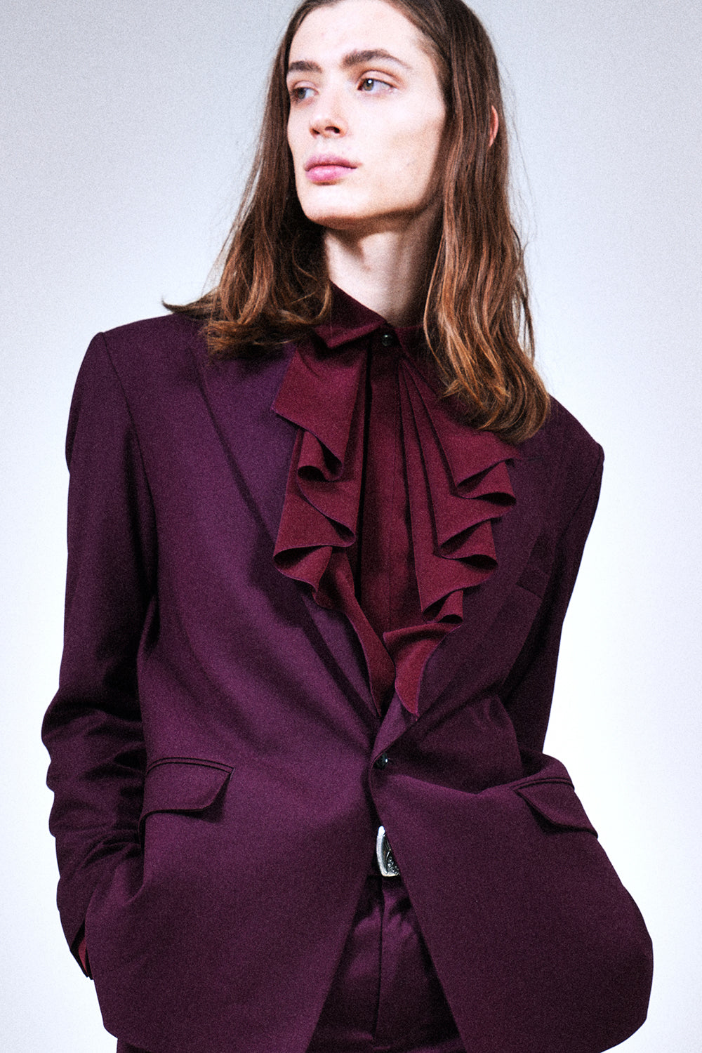 Drape Faille Ruffle Shirt Bordeaux