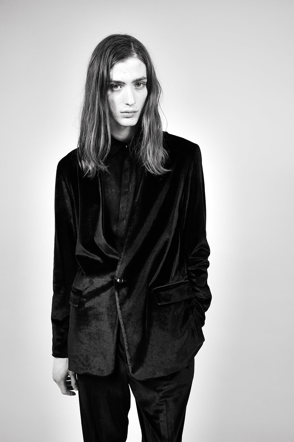 Pe Vintage Satin Velvet Collar Regular Shirt Black