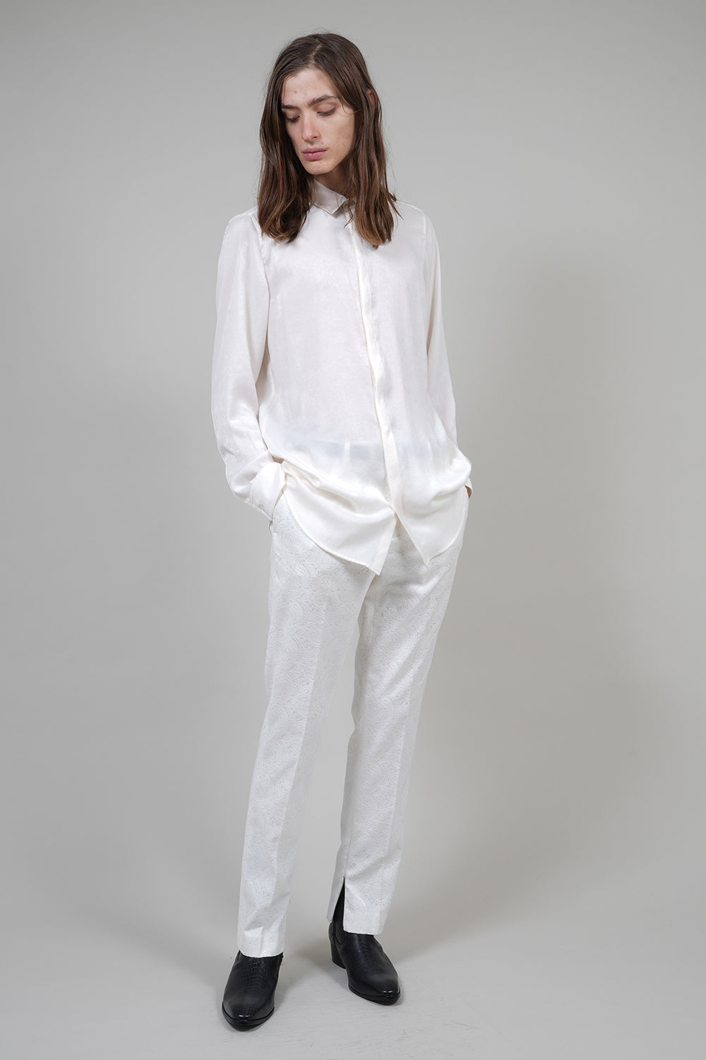 Pe Vintage Satin Velvet Collar Regular Shirt Cream