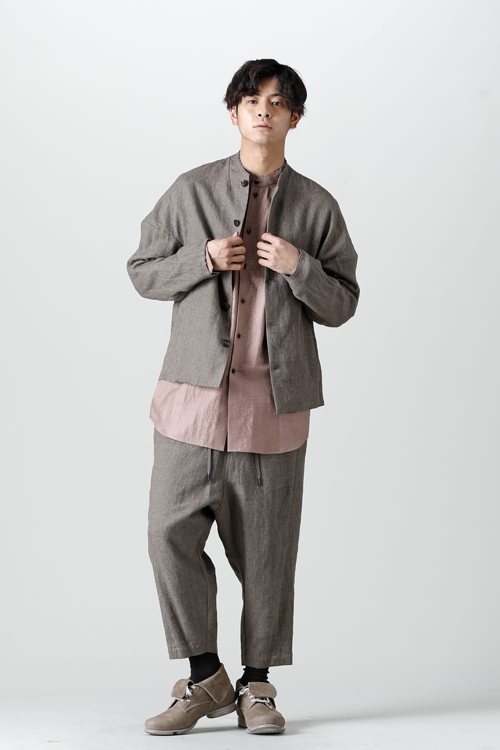 Jacket silk linen crazy check Beige Gray