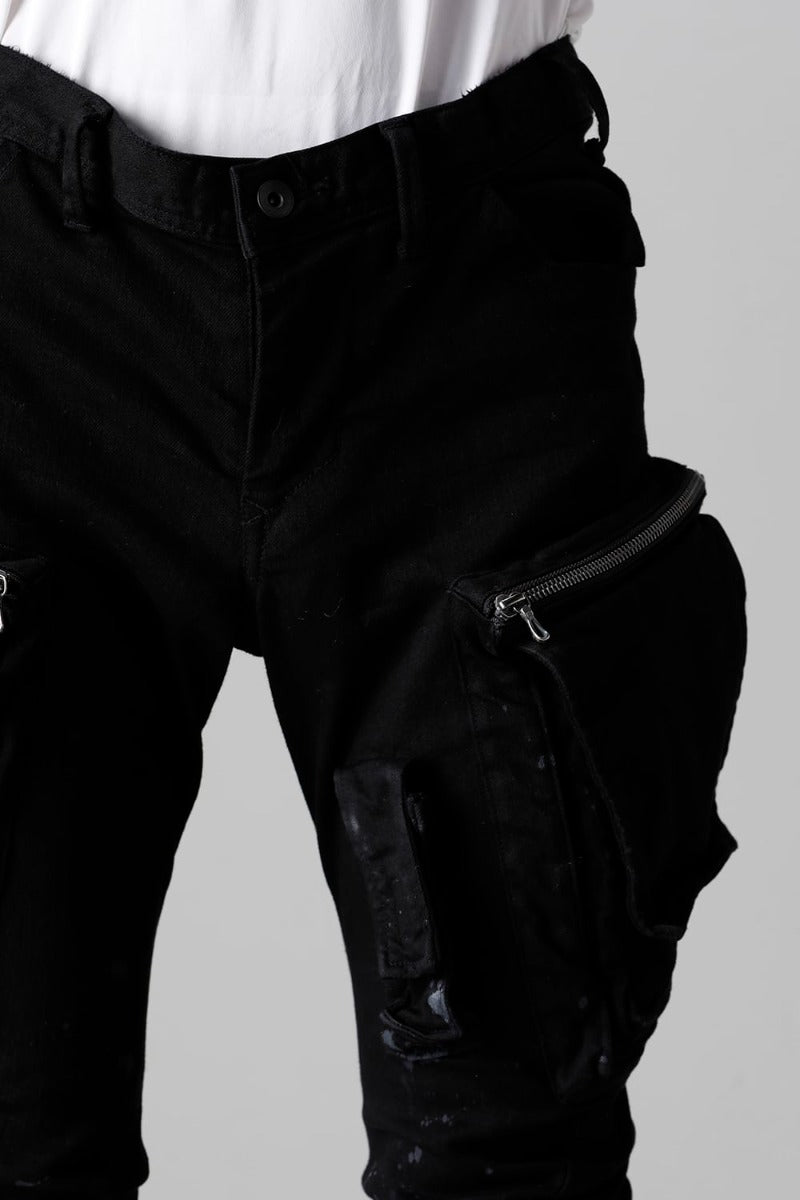 10.5oz ストレッチデニム ダメージペイント カーゴスキニーデニム