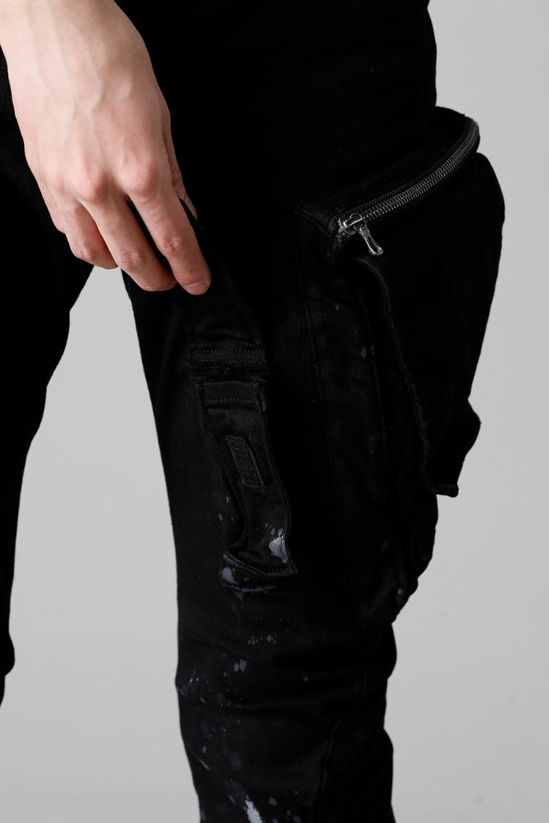 10.5oz ストレッチデニム ダメージペイント カーゴスキニーデニム