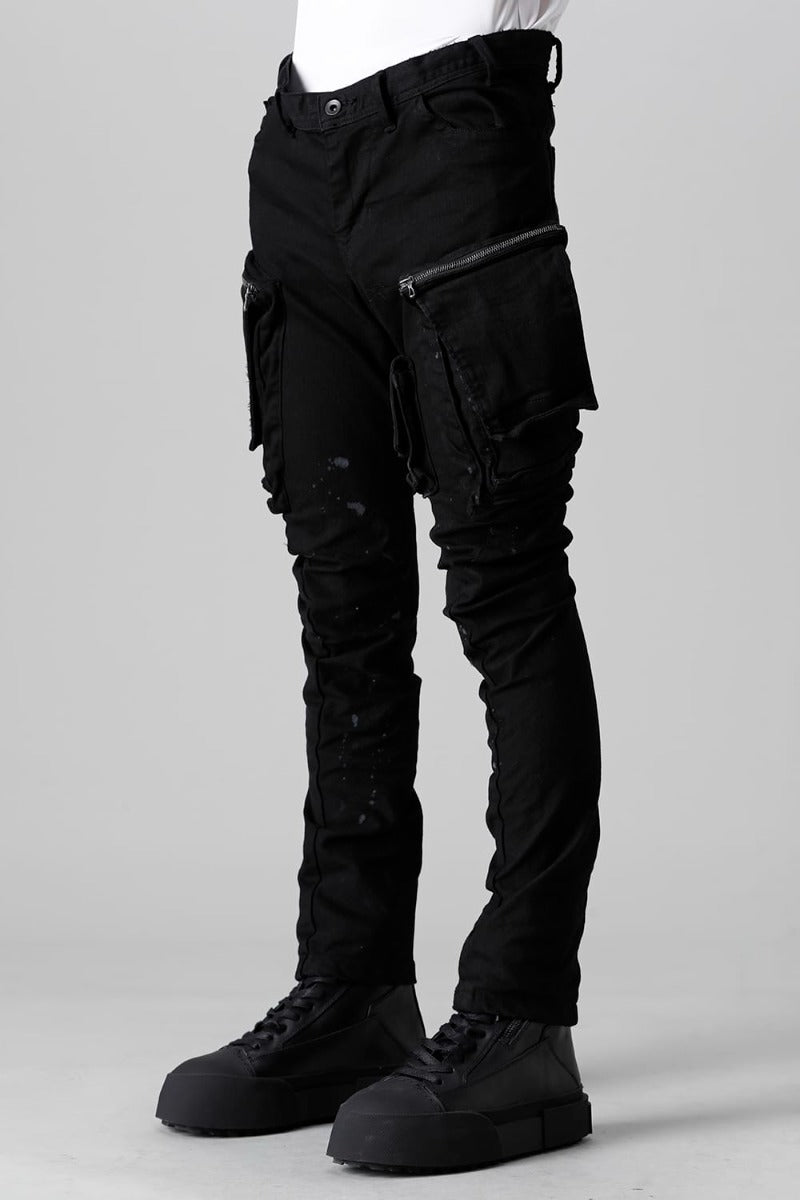 10.5oz ストレッチデニム ダメージペイント カーゴスキニーデニム