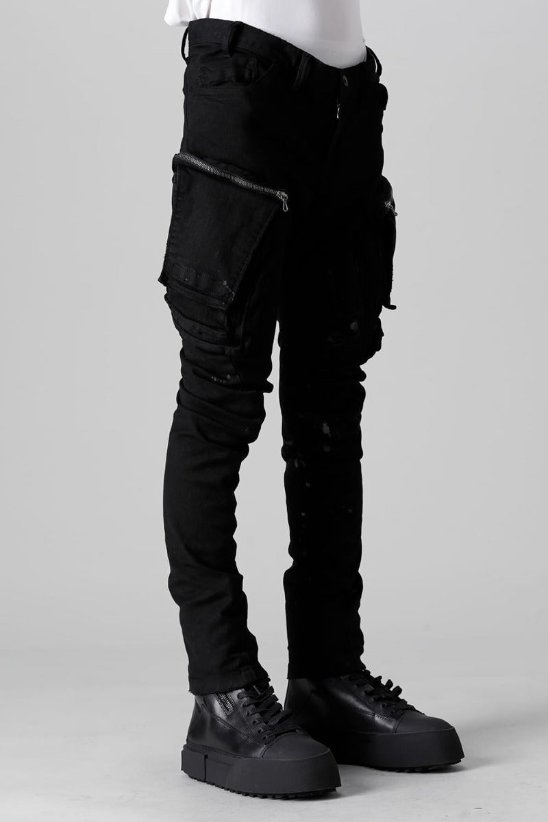 10.5oz ストレッチデニム ダメージペイント カーゴスキニーデニム