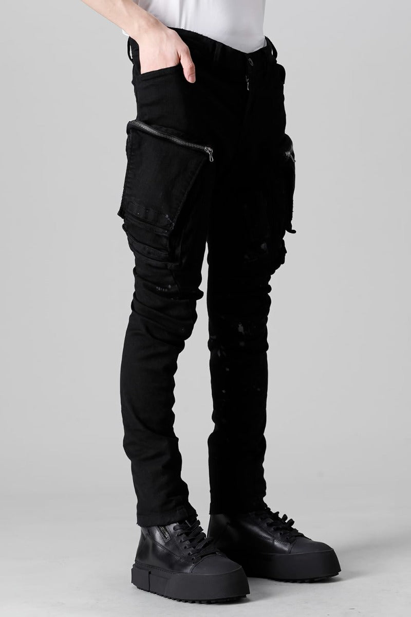 10.5oz ストレッチデニム ダメージペイント カーゴスキニーデニム