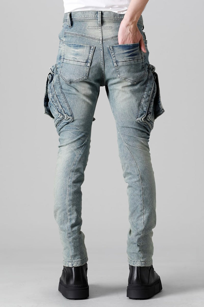 10.5oz ストレッチデニム ダメージペイント カーゴスキニーデニム インディゴ