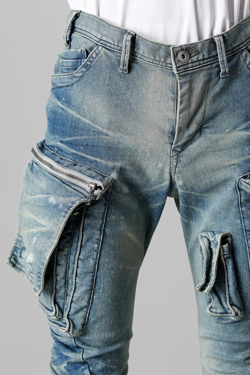 10.5oz ストレッチデニム ダメージペイント カーゴスキニーデニム インディゴ