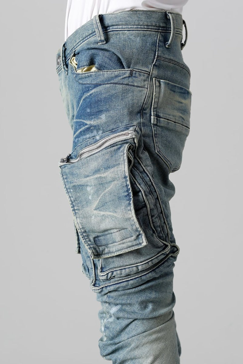 10.5oz ストレッチデニム ダメージペイント カーゴスキニーデニム インディゴ