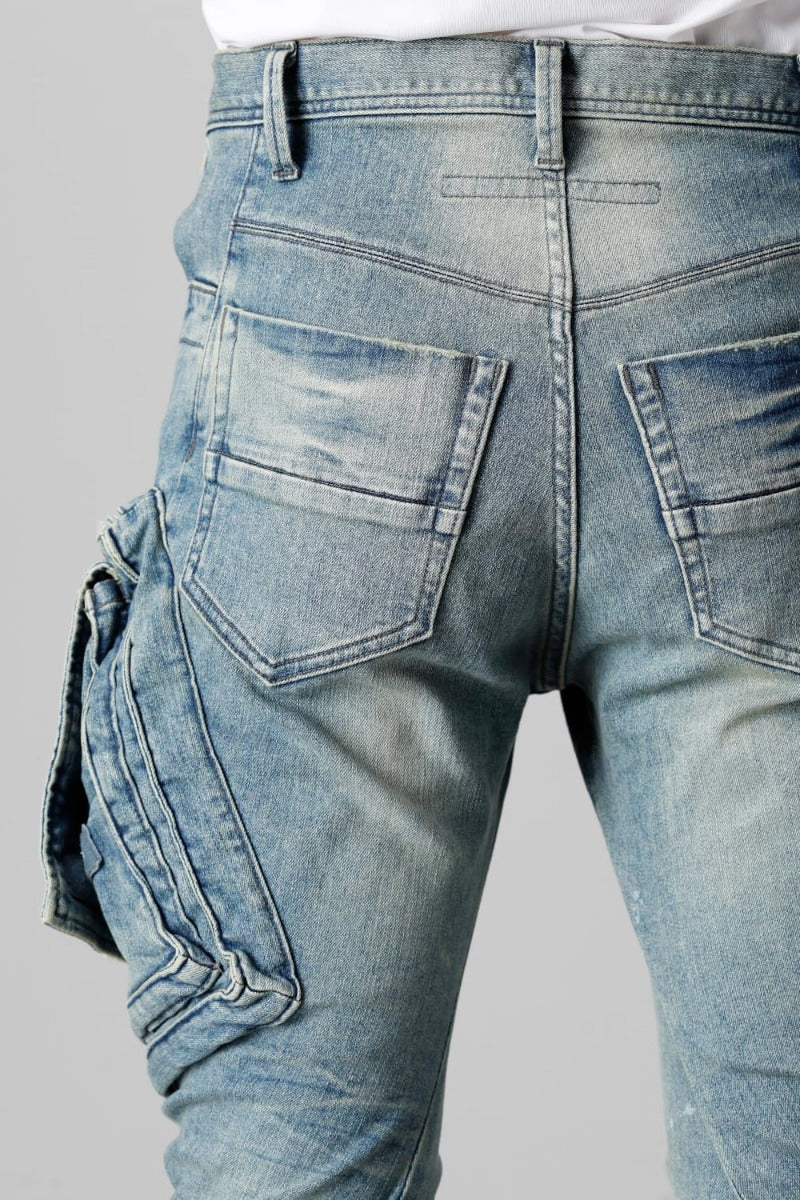 10.5oz ストレッチデニム ダメージペイント カーゴスキニーデニム インディゴ