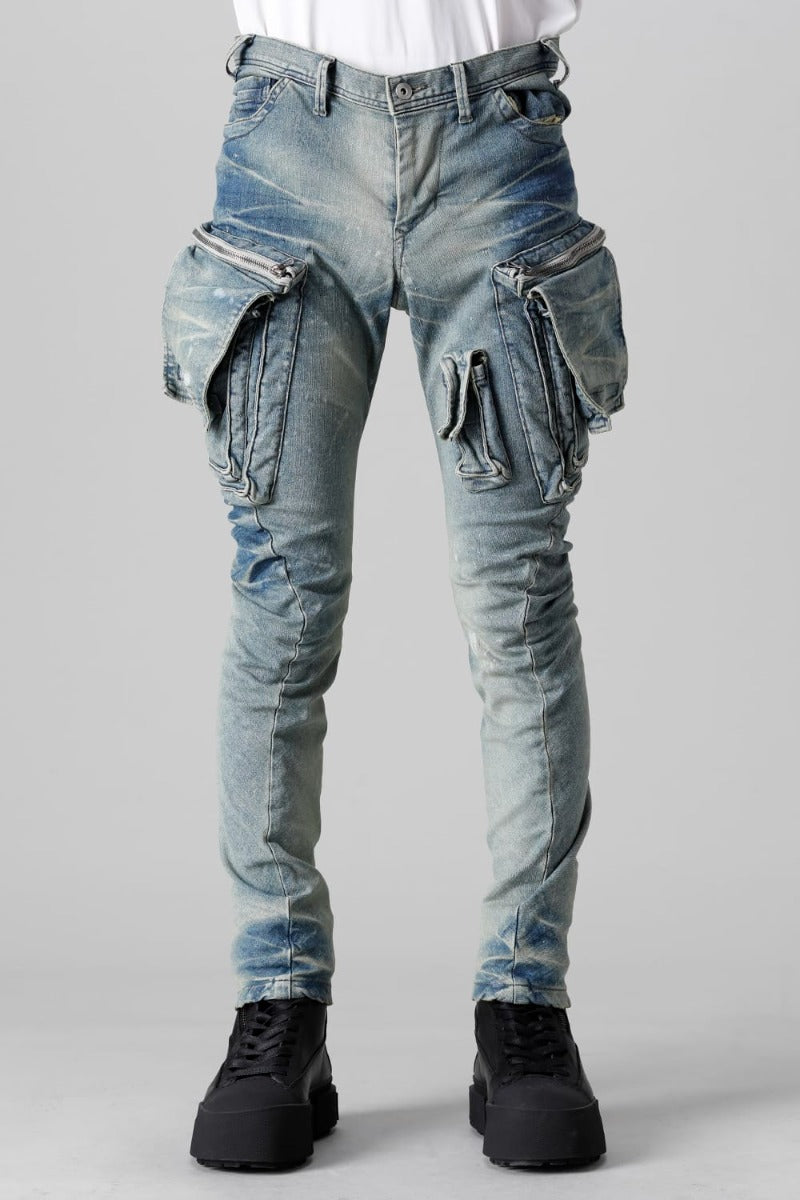 10.5oz ストレッチデニム ダメージペイント カーゴスキニーデニム インディゴ