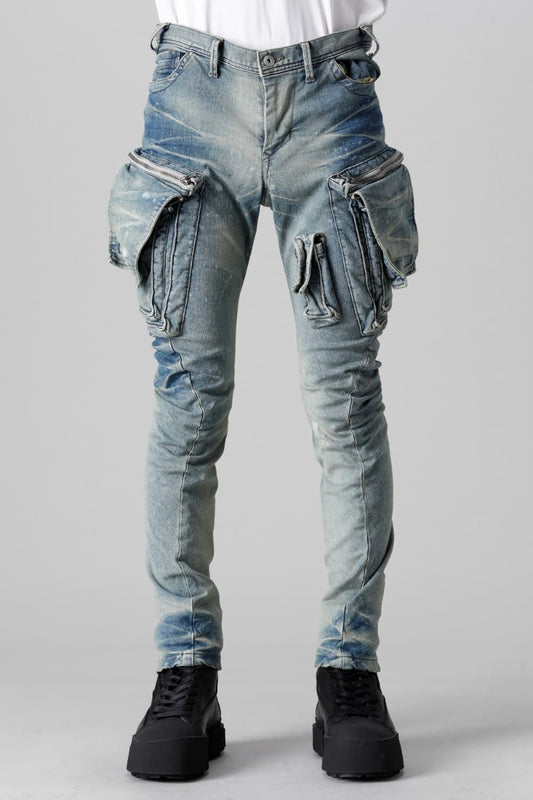 10.5oz ストレッチデニム ダメージペイント カーゴスキニーデニム インディゴ