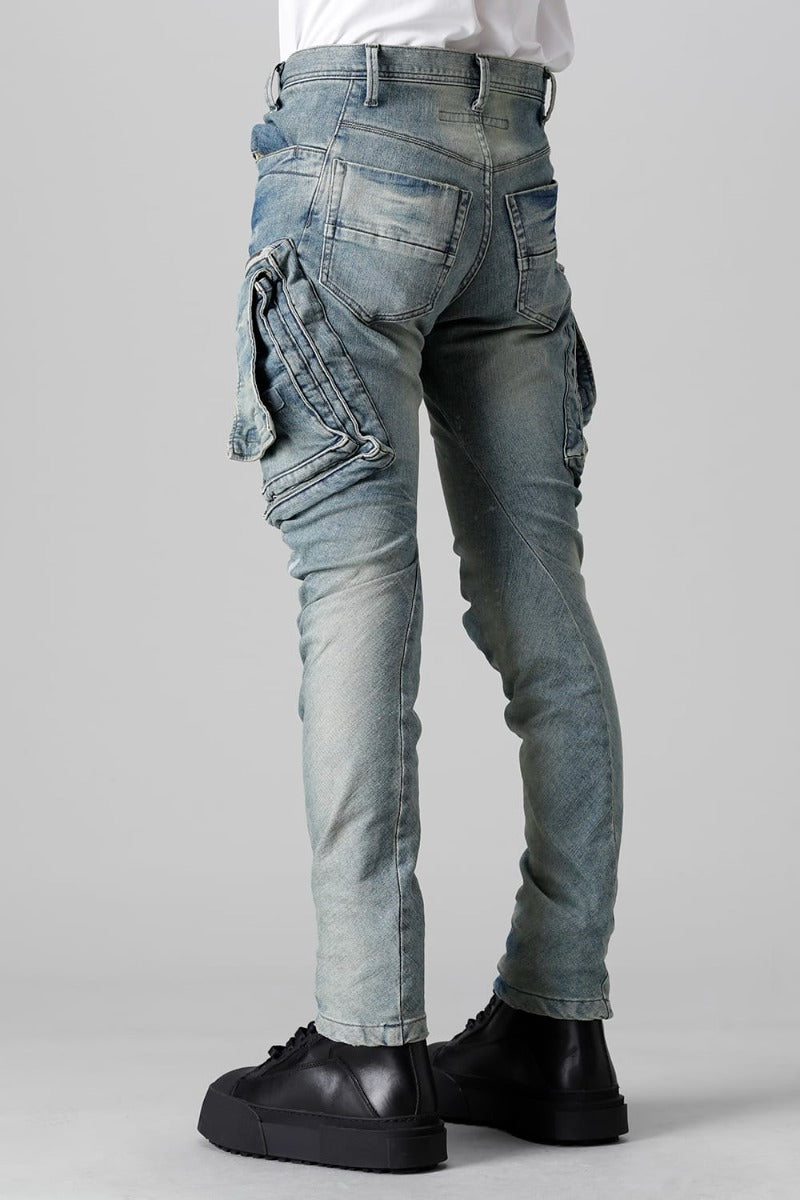 10.5oz ストレッチデニム ダメージペイント カーゴスキニーデニム インディゴ