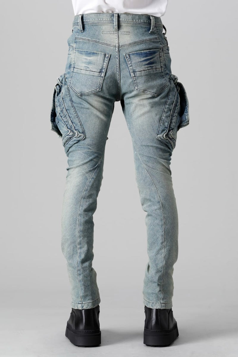 10.5oz ストレッチデニム ダメージペイント カーゴスキニーデニム インディゴ