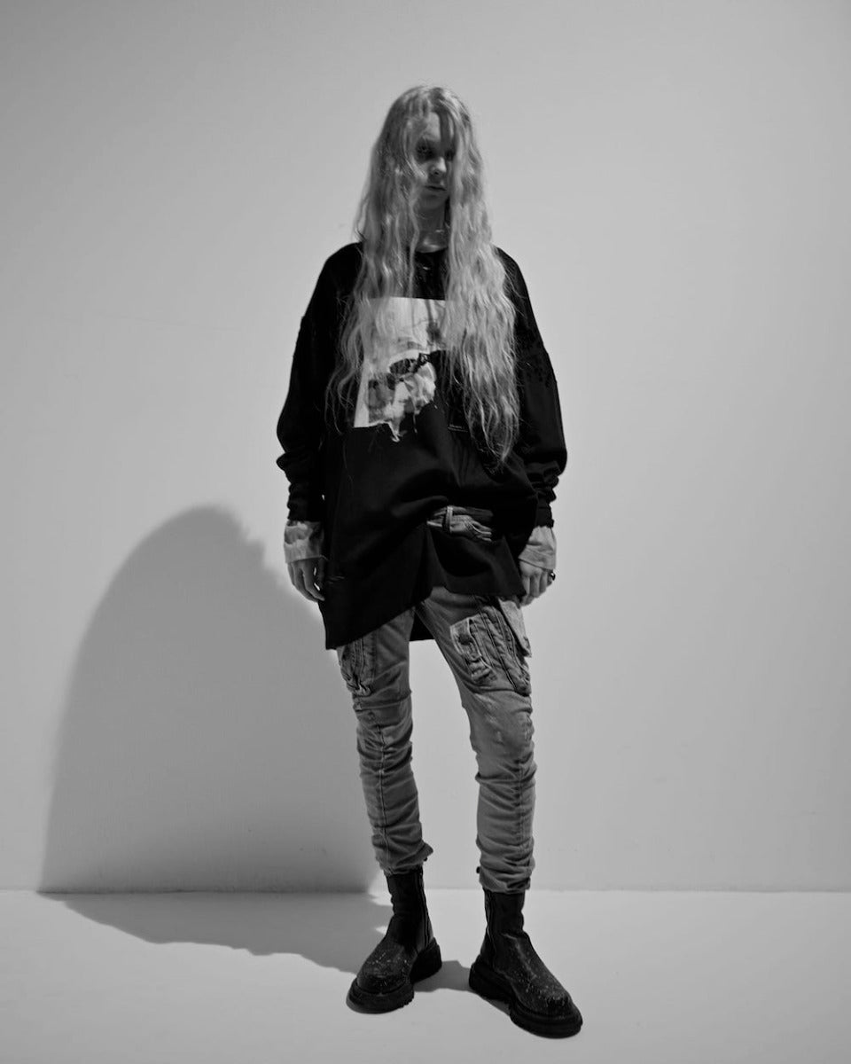 10.5oz ストレッチデニム ダメージペイント カーゴスキニーデニム インディゴ