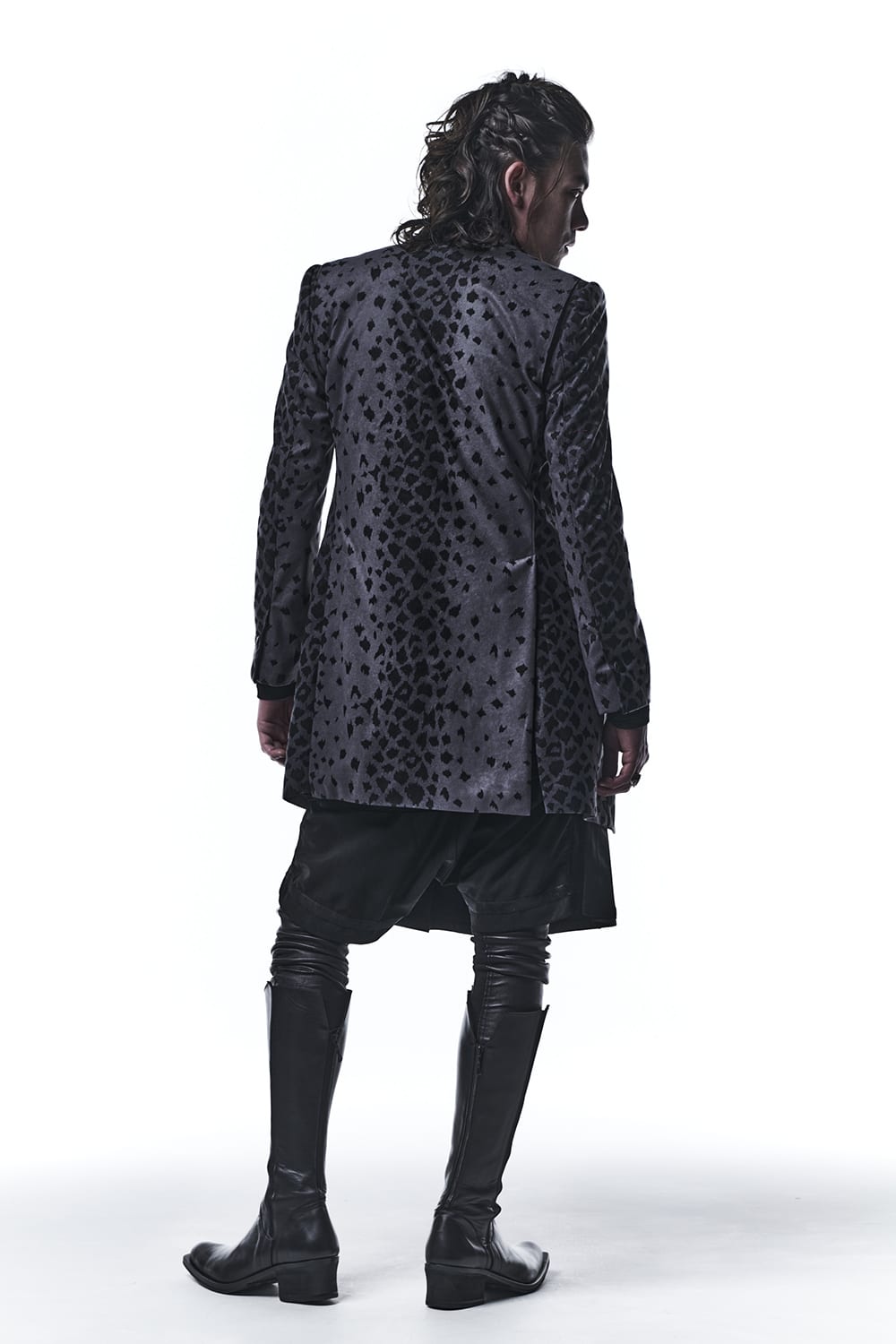 Leopard Suede Peaked Long Jacket Grey