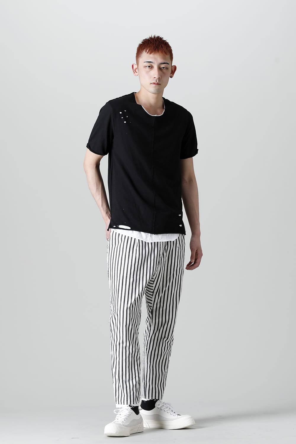 レイヤード カットソー 5th Cネック ブロークン ブラック/ホワイト