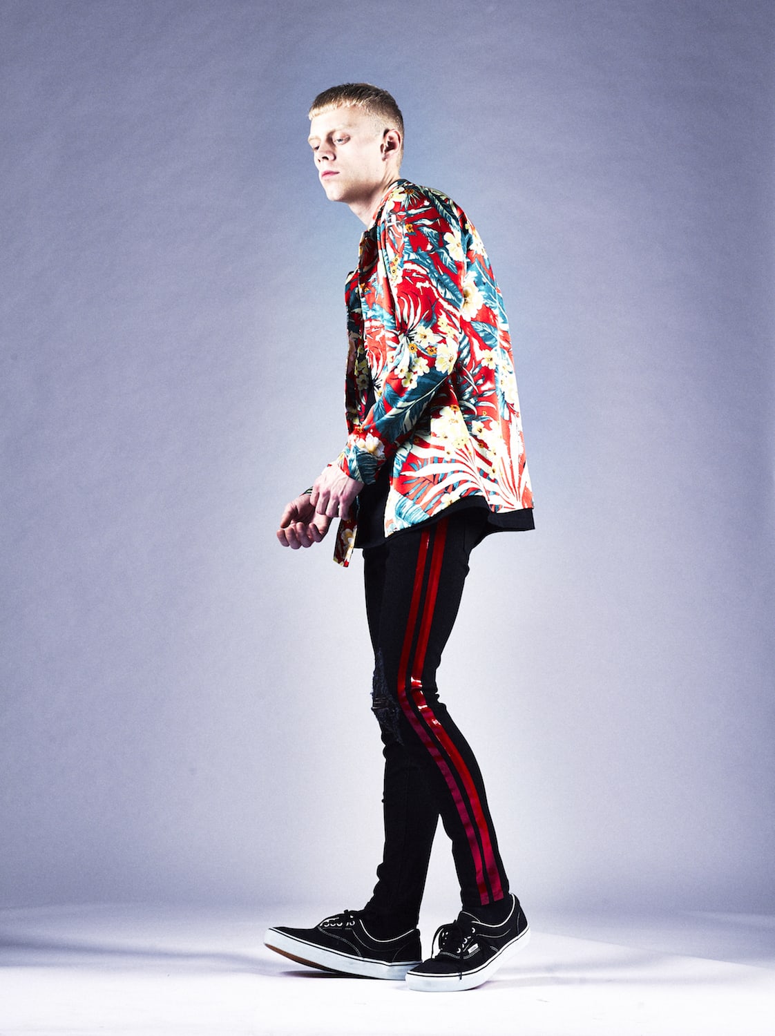 EX fit denim side line leggings pants (knee crash) Black × Red