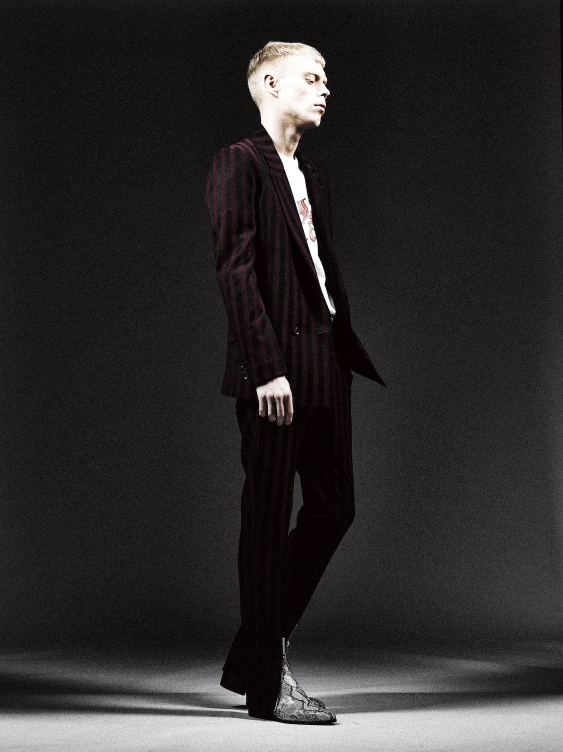 Jacquard stripe stretch slacks (riri zip) Bordeaux × Black