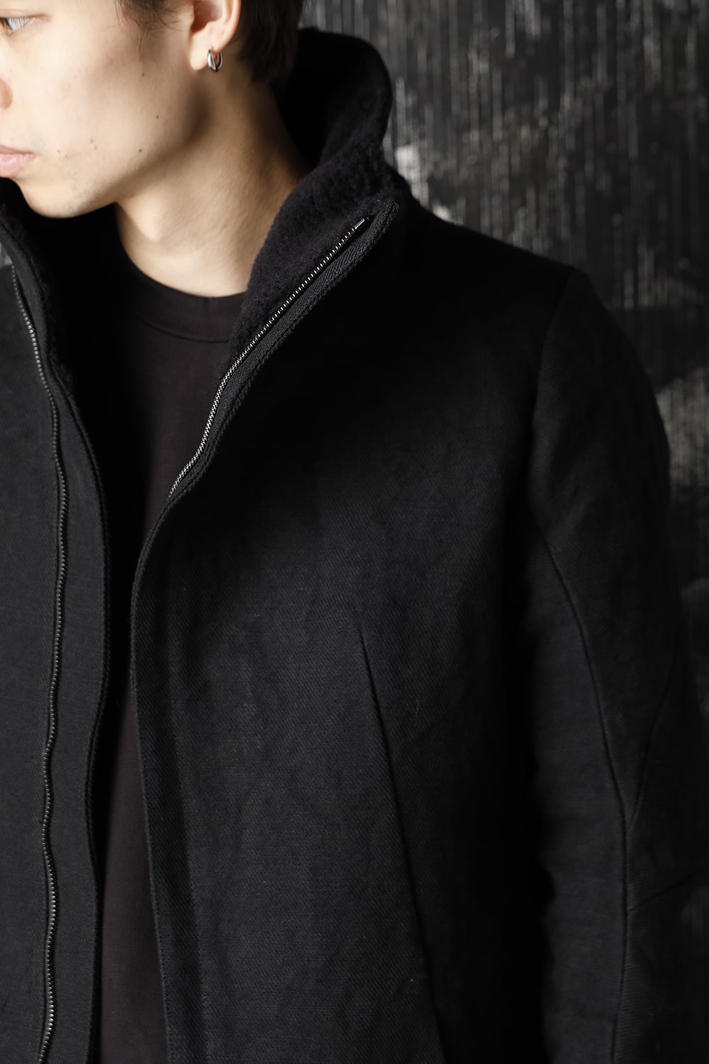 Jute Cotton Military twill High neck coat Black