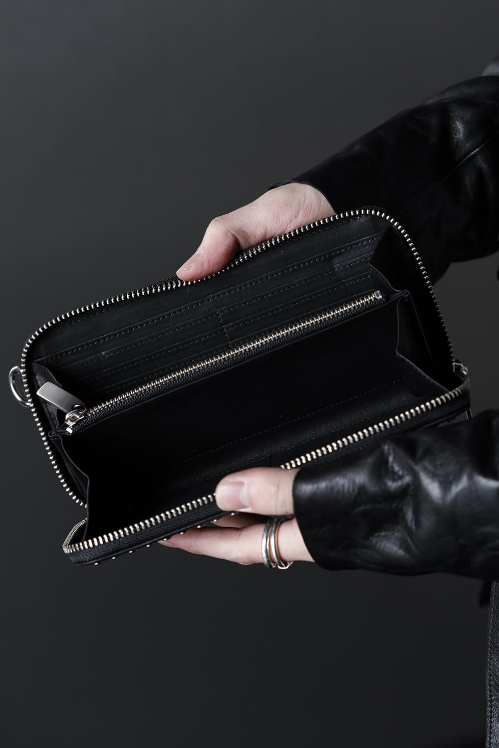 Leather long wallet fold 'all-studs' 2 Silver