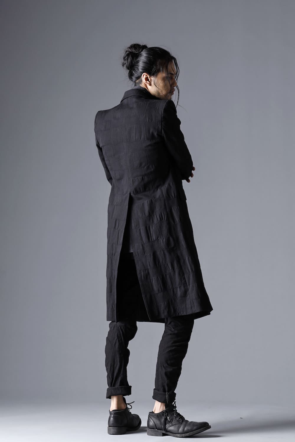 SCAB Patchwork Jagged Stretch Cotton Overlock Twisted Curved Slim Pants Black Charcoal Stitch