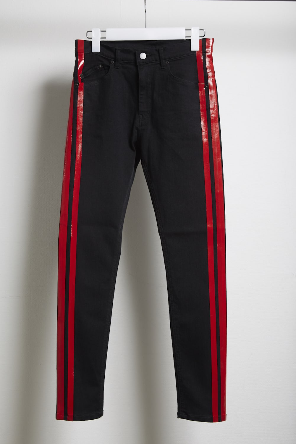 EX fit denim side line leggings pants Black × Red