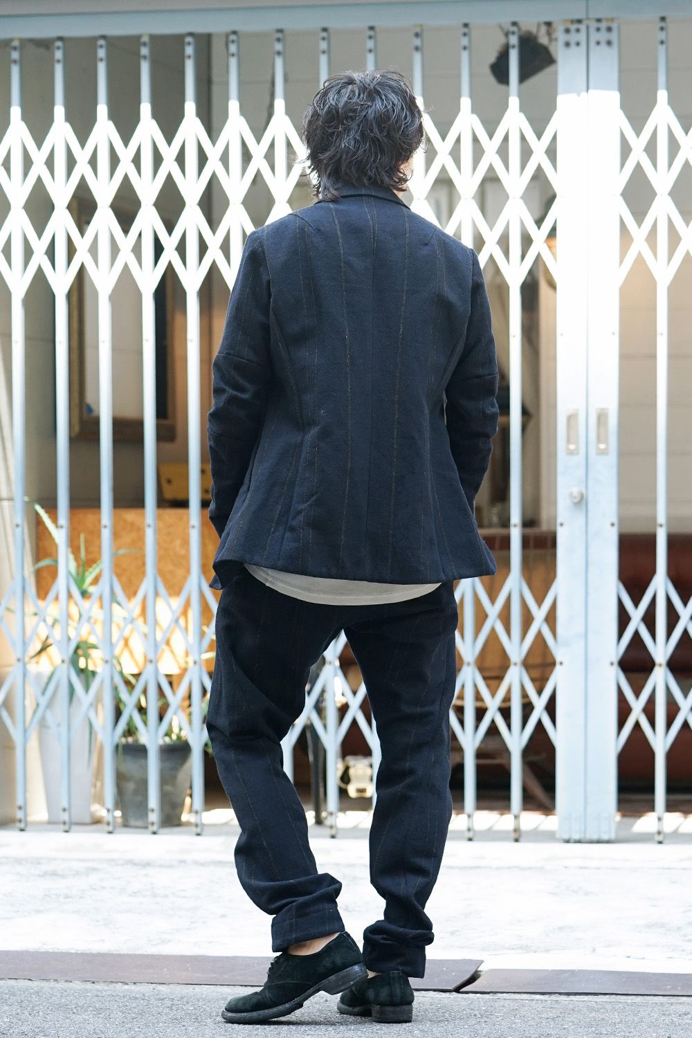 Shetland Wool Linen Stripe Batting Anatomical Pants Dark Navy