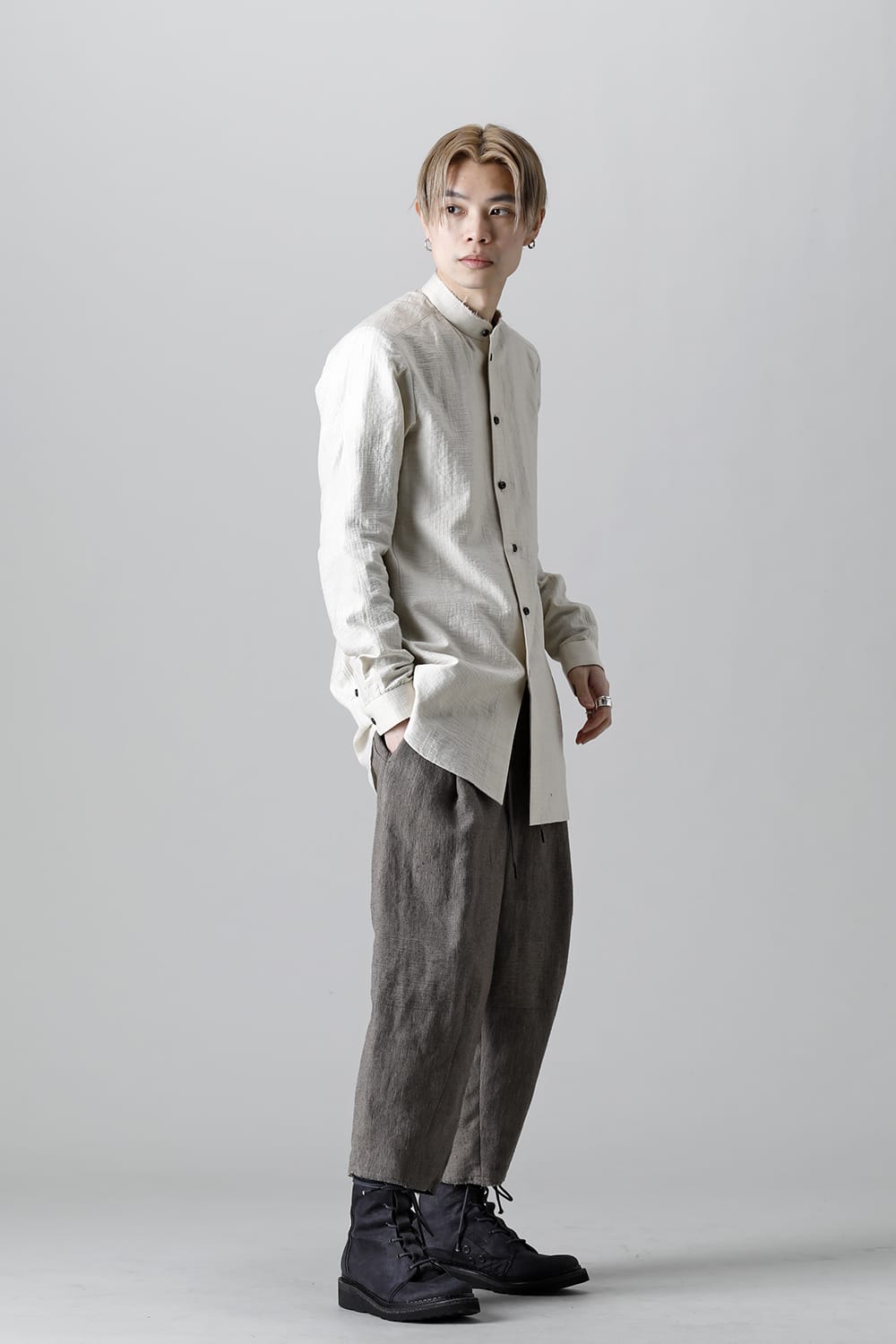 Baggy cropped pants silk linen crazy check Beige Gray