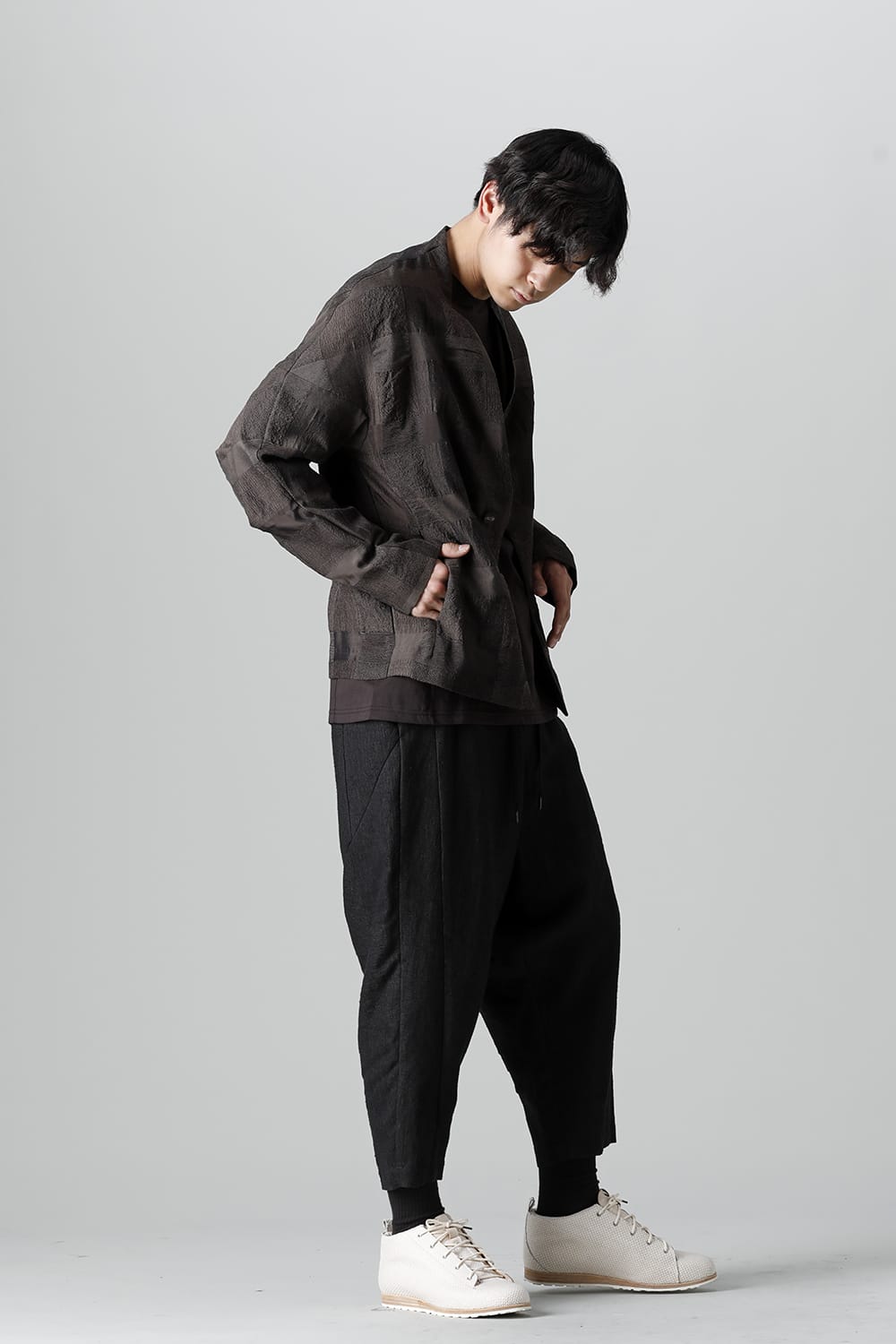 Dropcroch cropped pants silk linen crazy check Black