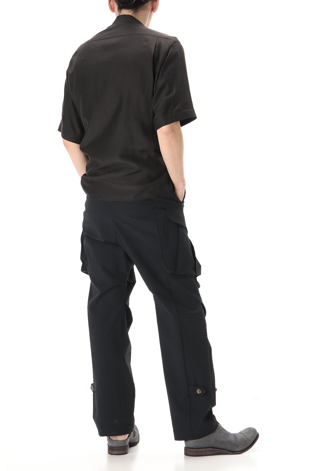 Open collar short sleeve shirt silk tencel sandblast Charcoal