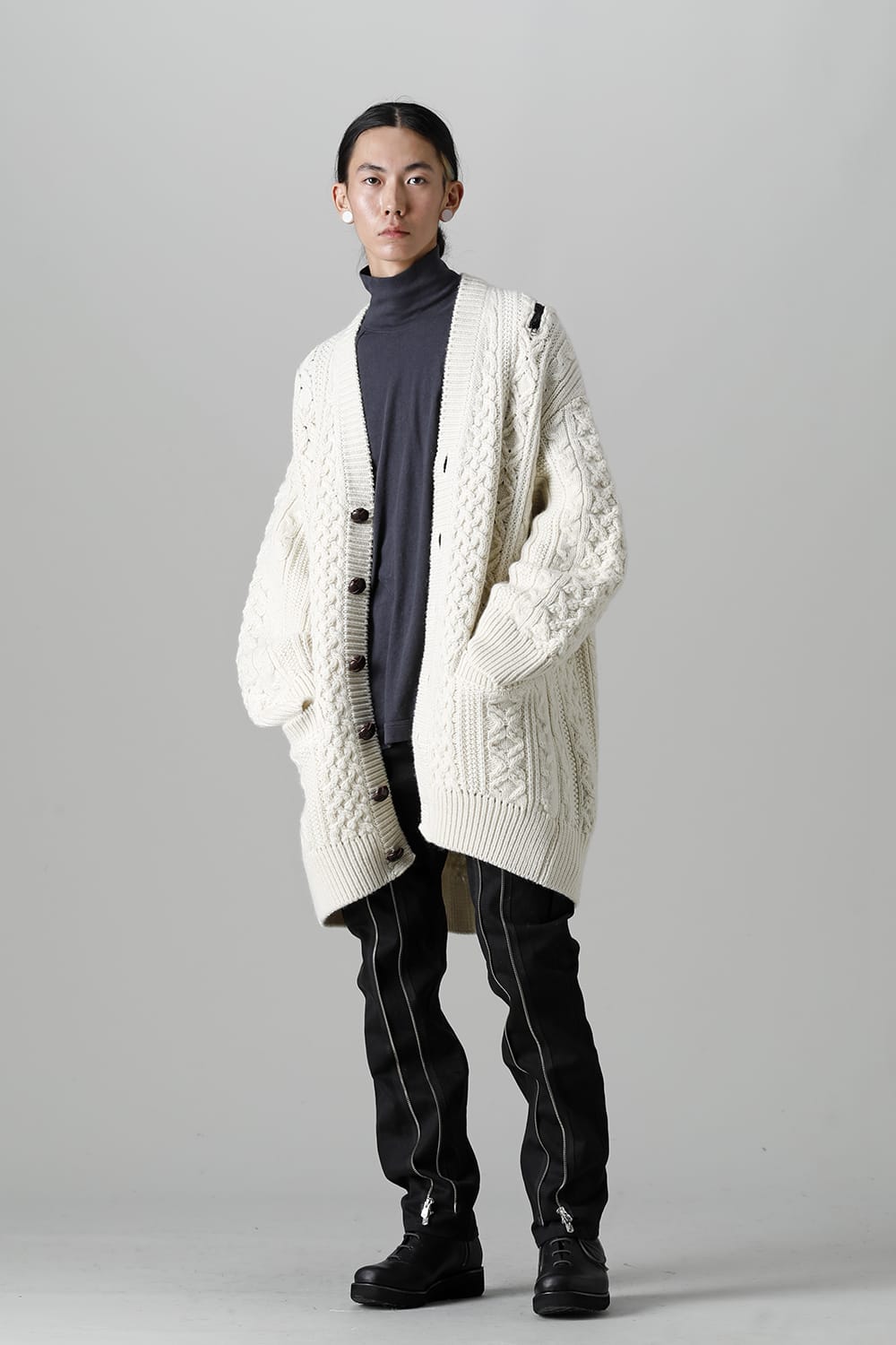 double zip balloon shaped aran pattern cardigan White