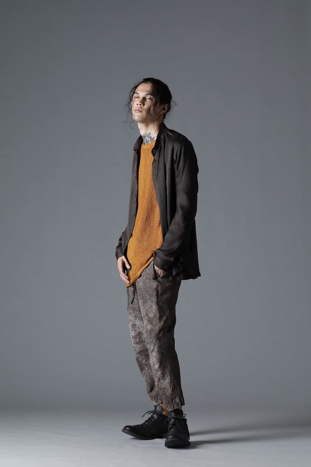 Mud Dyed Silk Band Collar Shirt